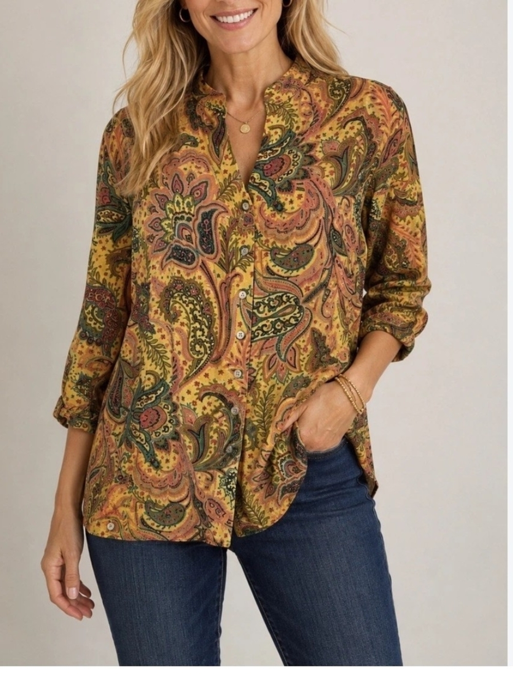 Tianello Women's Paisley Button Front Collared Long Sleeve Blouse Tan M